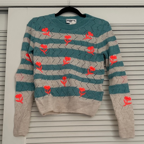 Essentiel Antwerp Sweaters - Essentiel Antwerp Floral Striped Sweater - Teal and Cream with Neon Pink NWT